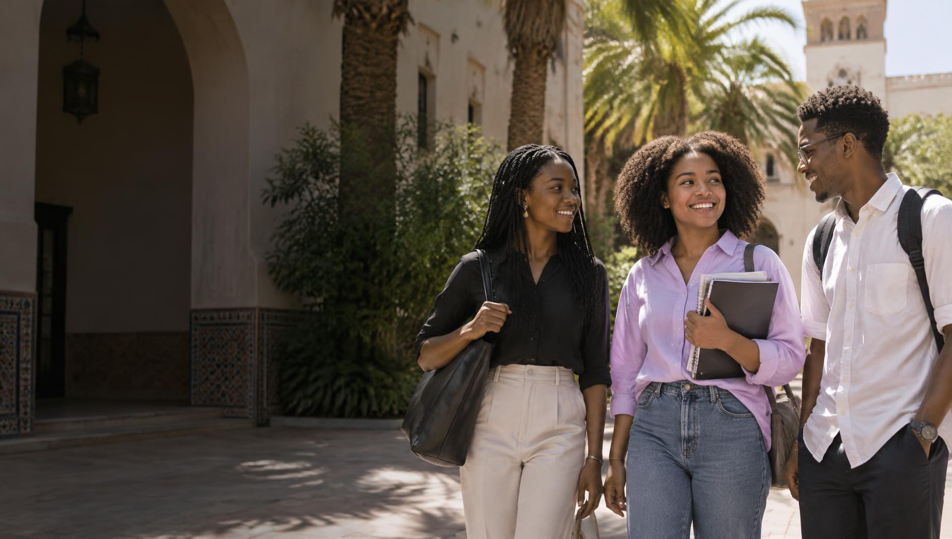 Trois étudiants africains échangent dans une cour ensoleillée au Maroc